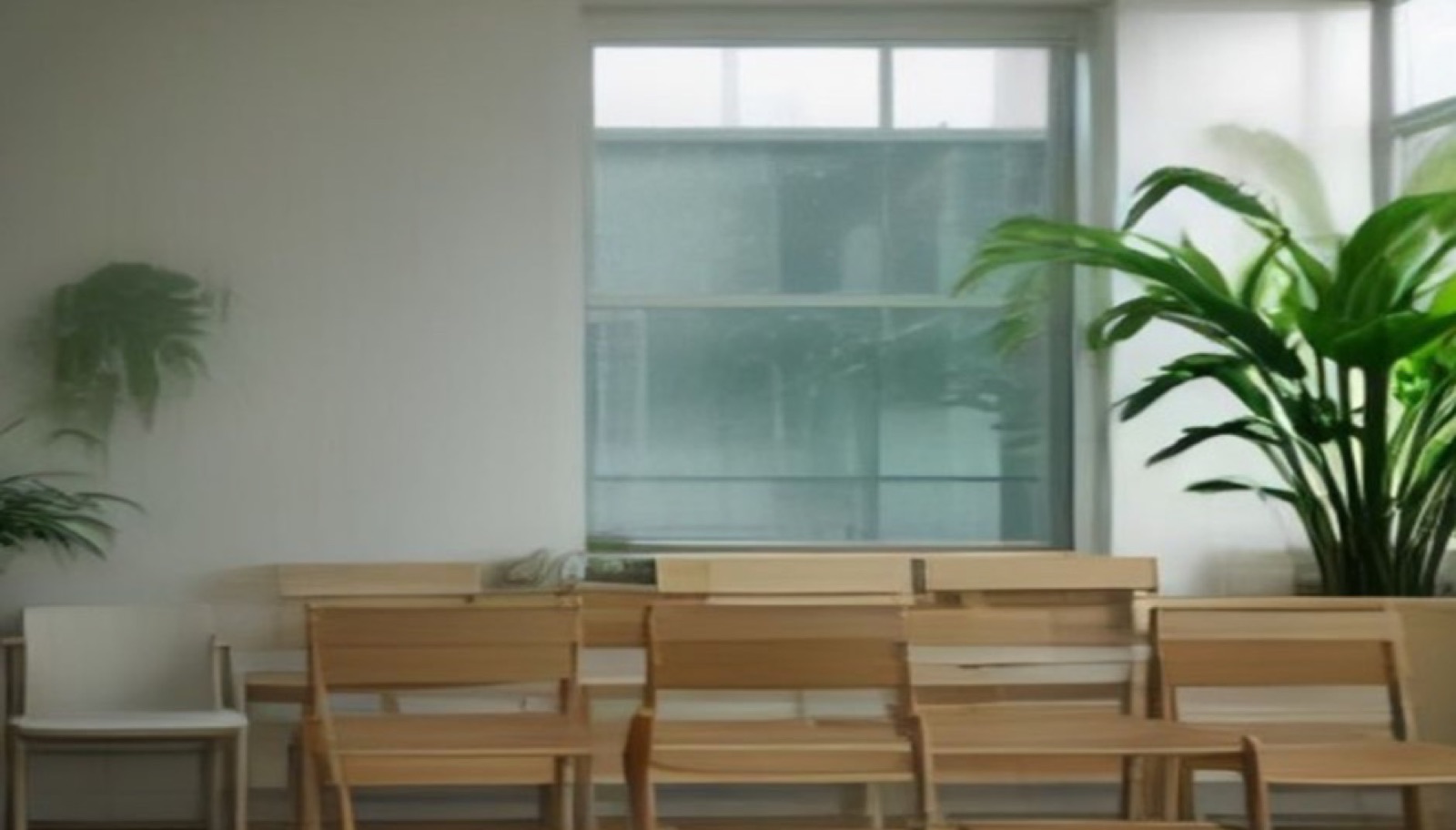 The waiting area with wooden chairs